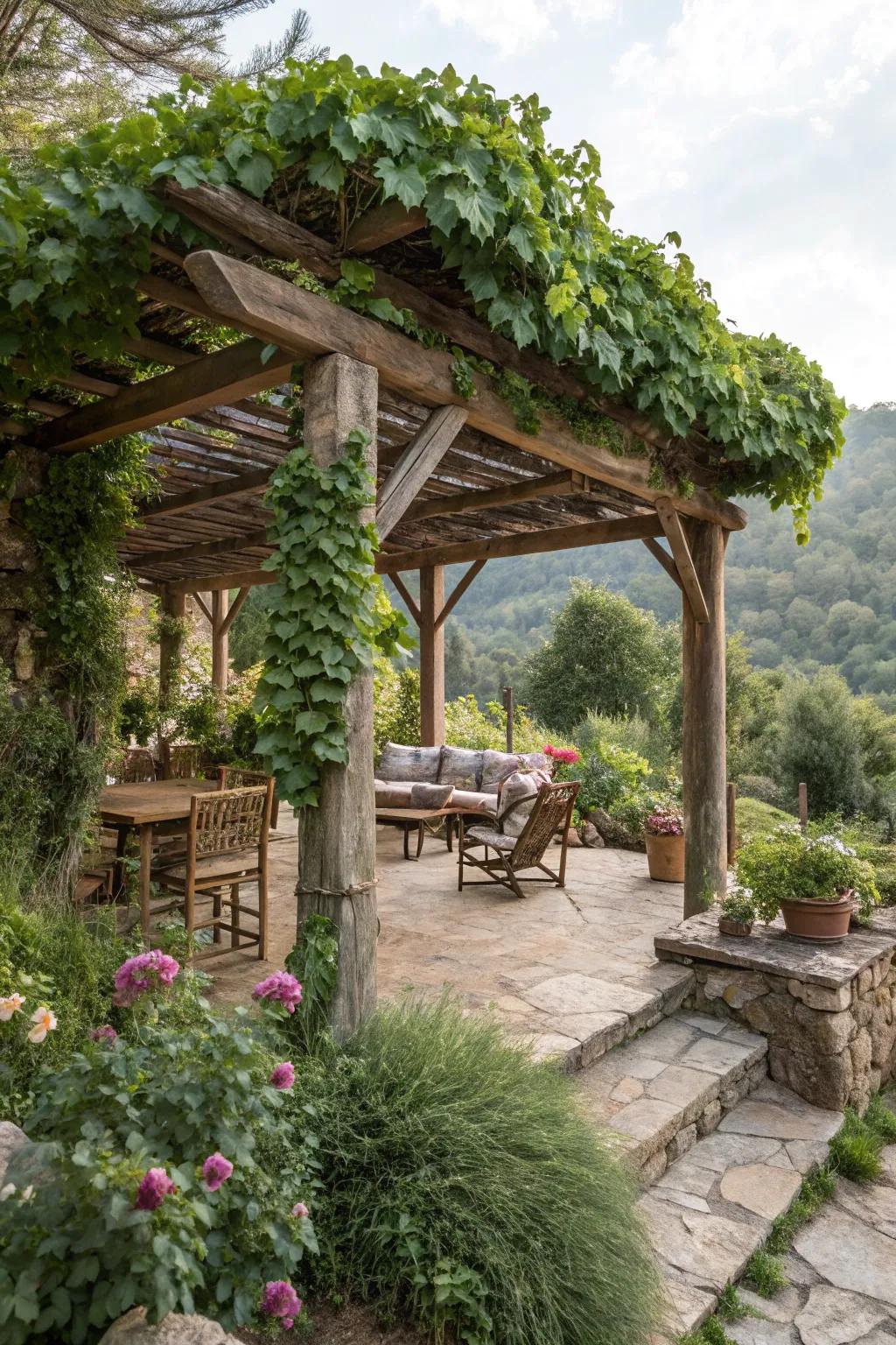 A rustic arbor providing shade and charm in a mountain garden.