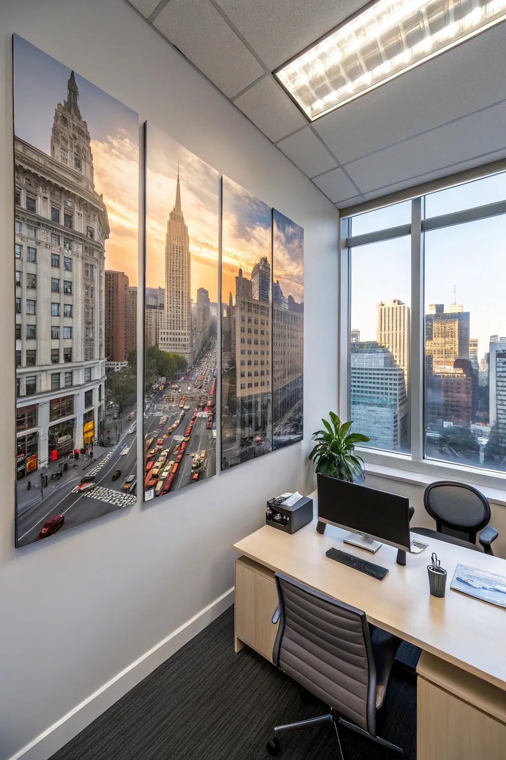 An inspiring cityscape rendering traversing several canvases, invigorating creativity within the workspace.