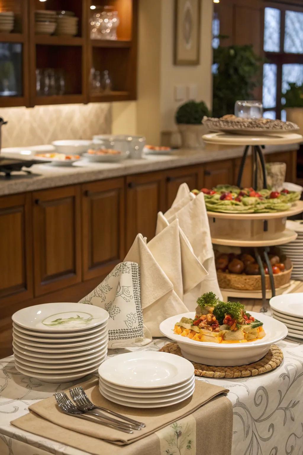 Blending dishware exhibits with napkin storage for a chic and efficient arrangement.