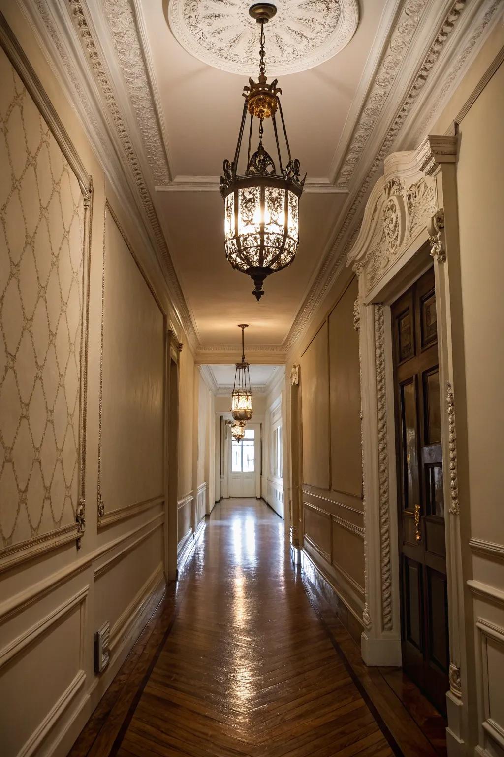 A chandelier adds a touch of beauty to constricted hallways.