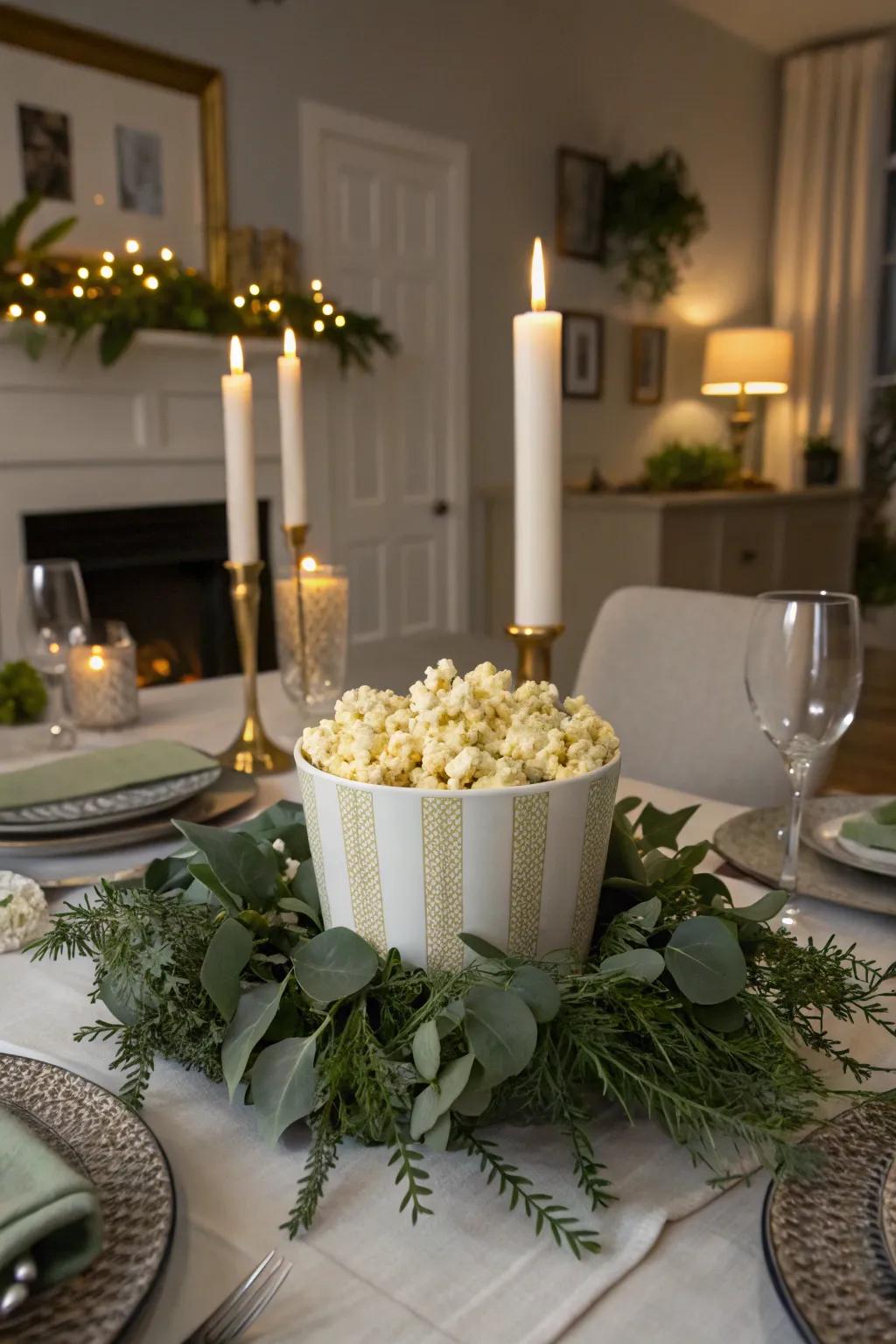 A chic popcorn centerpiece gracing a dining room table.