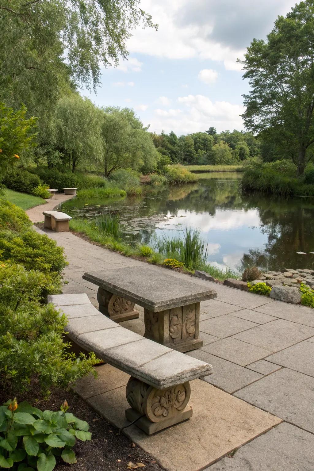 A peaceful seating sector ideal for relishing the serene pond milieu.