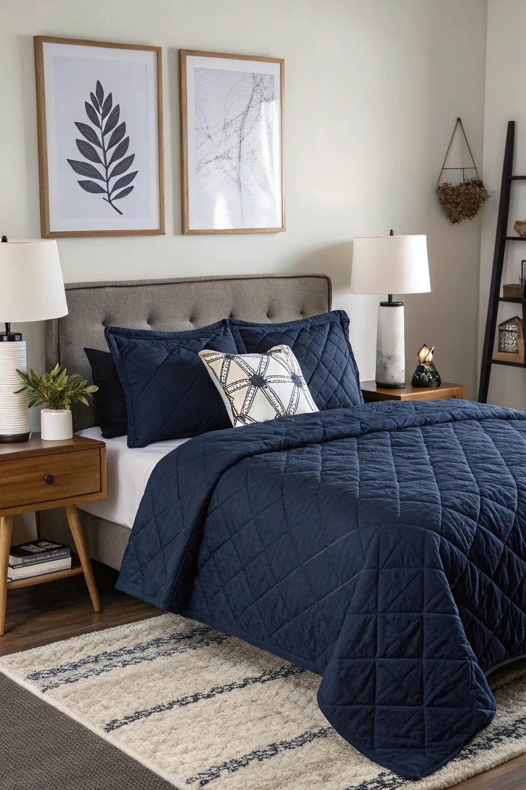 Make a statement with monochrome navy bedding.