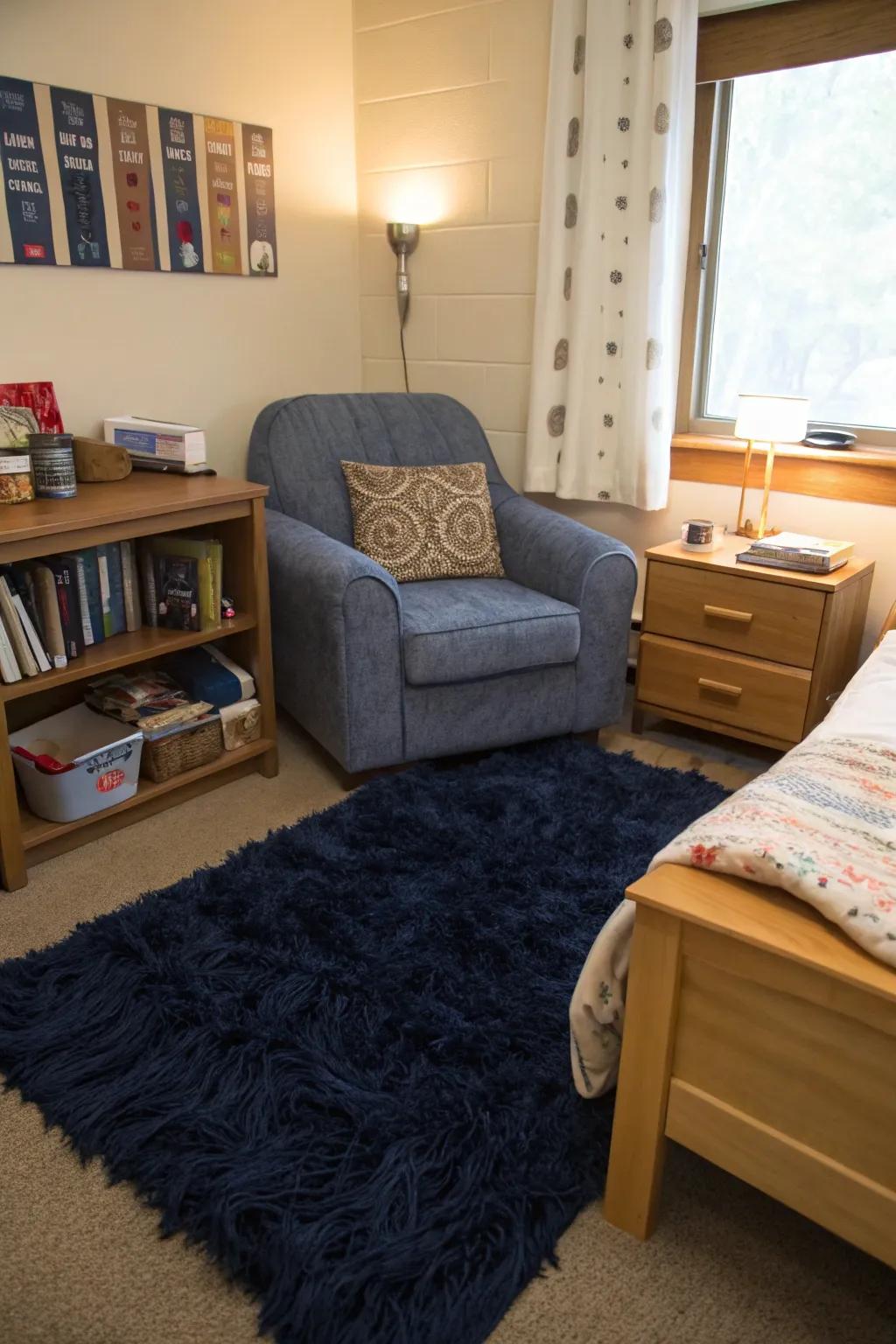 Bring warmth and texture to your dorm with a cozy navy floor covering.