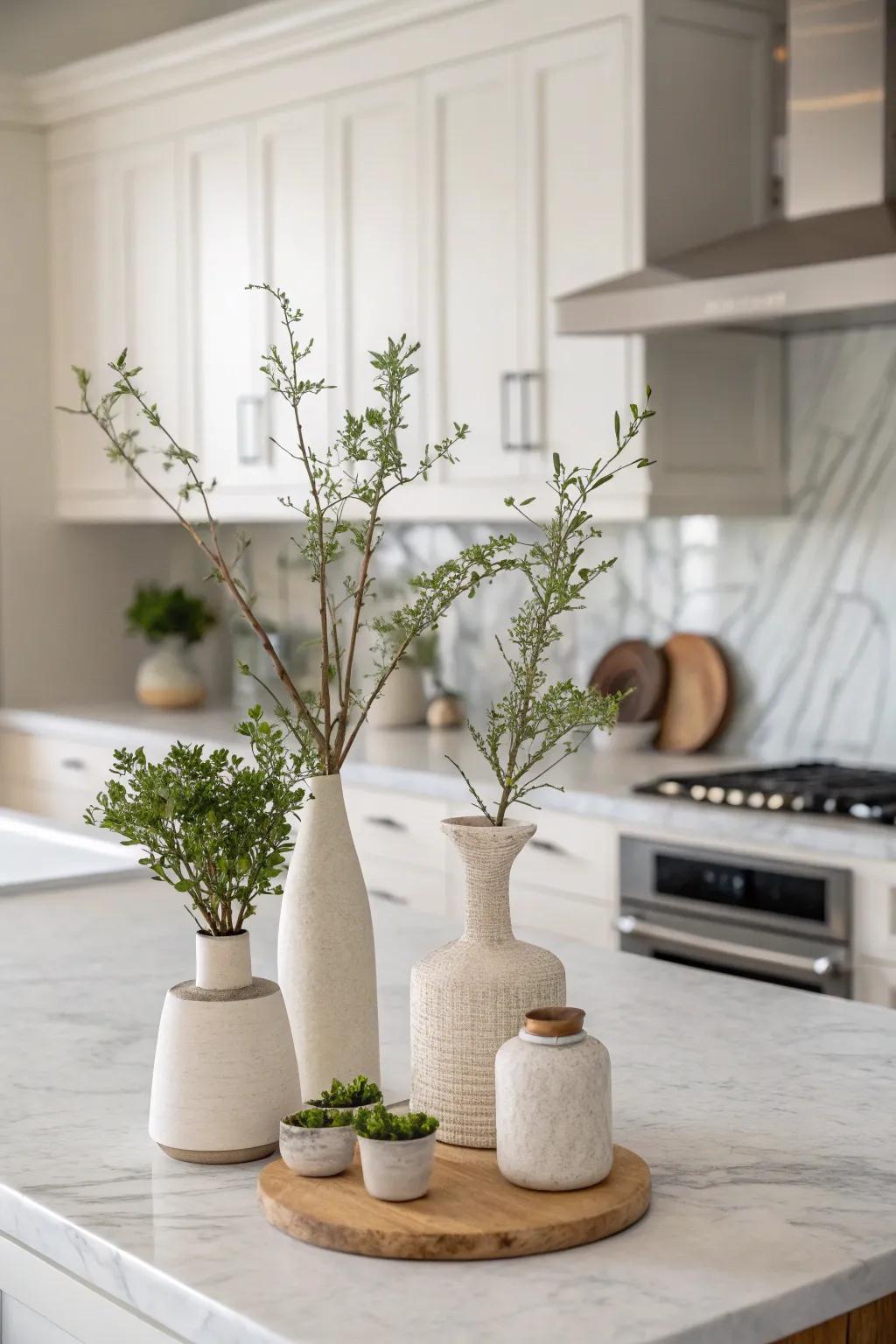 Minimalist accents add charm to a neutral kitchen without overwhelming it.