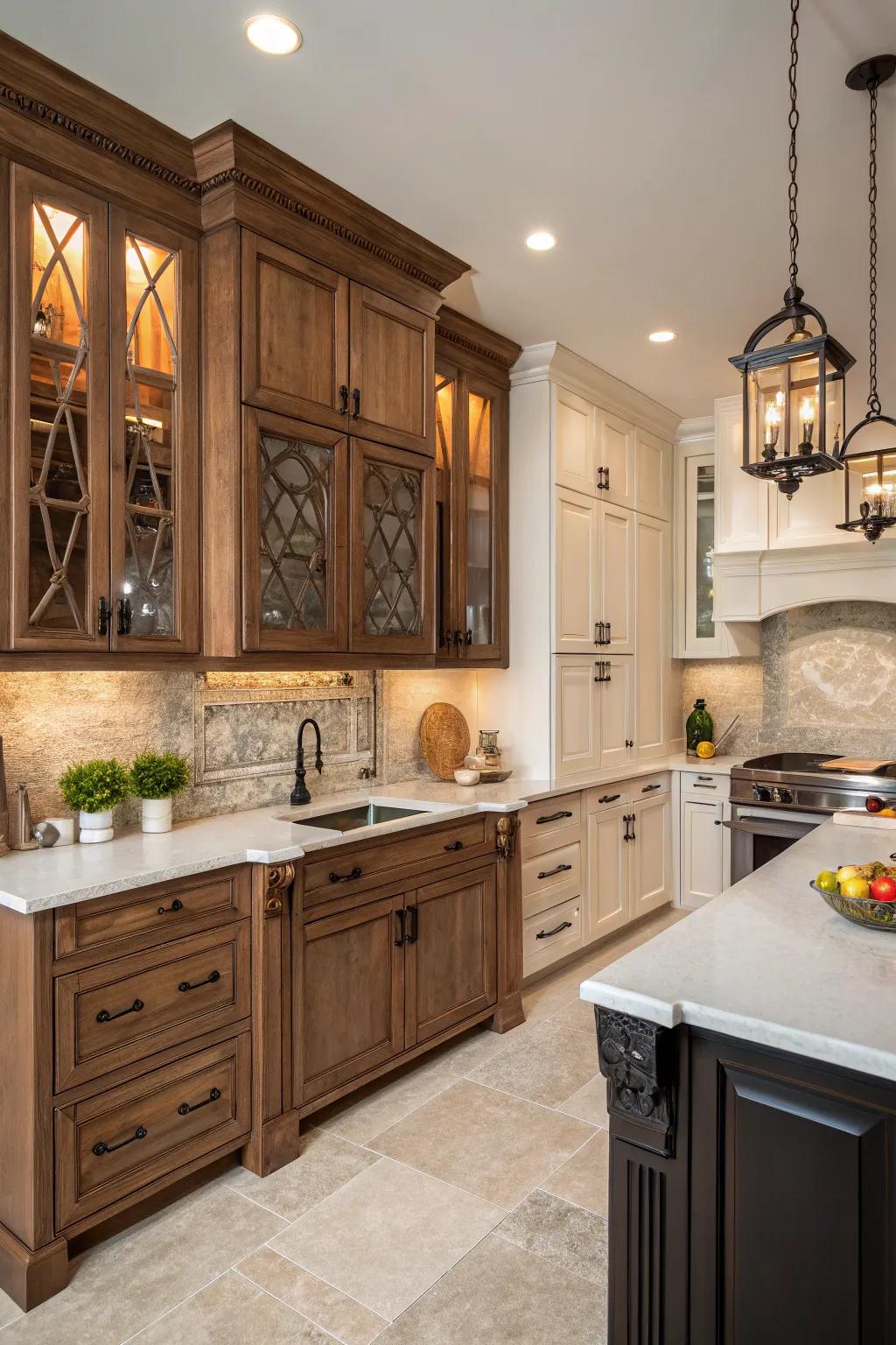 A cooking area featuring a harmonious combination of cabinet aesthetics.