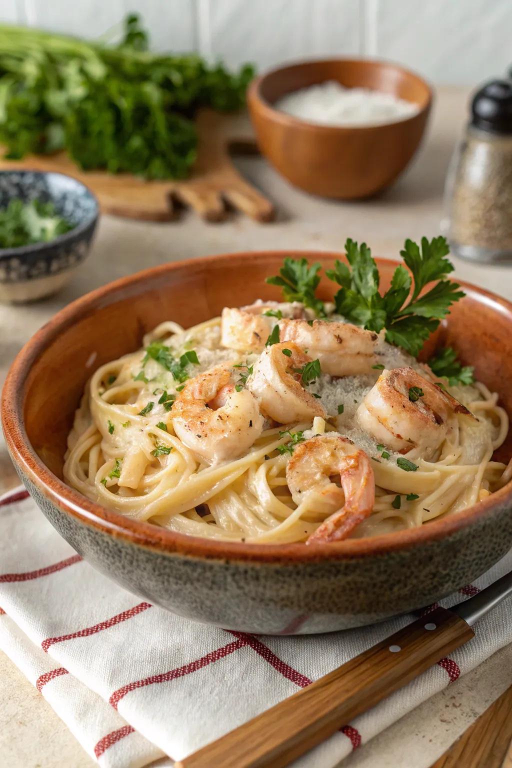 A decadent Gorgonzola shrimp pasta, perfect for an indulgent New Year's Day dinner.