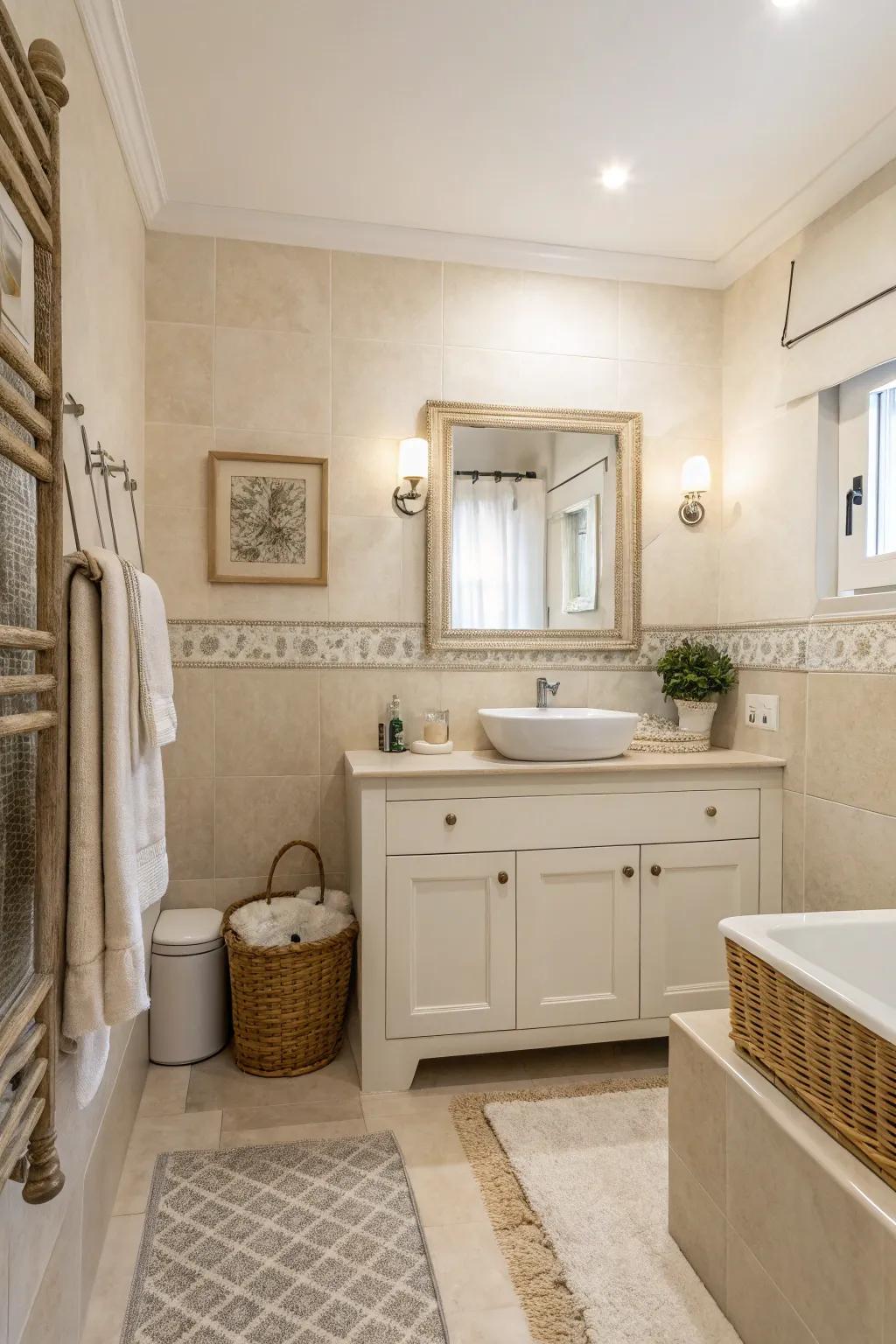 A tranquil bathroom featuring a neutral palette of soft whites and beiges.