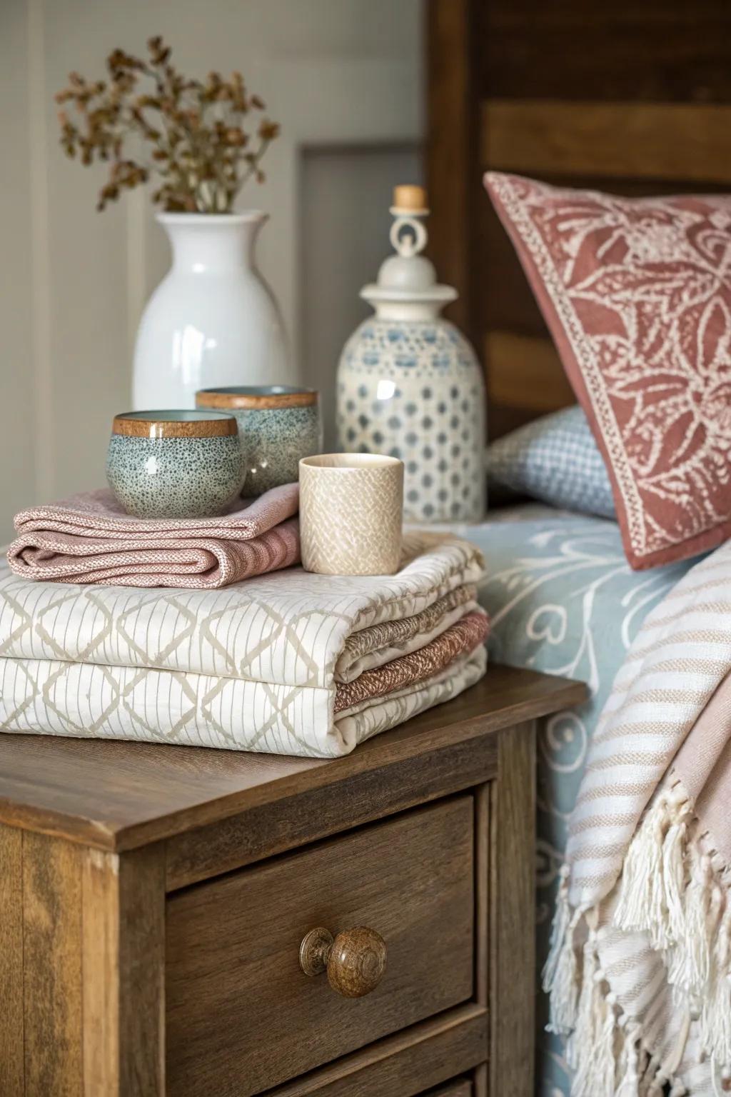 Use texture through fabrics to add visual interest to your bedside table's design.
