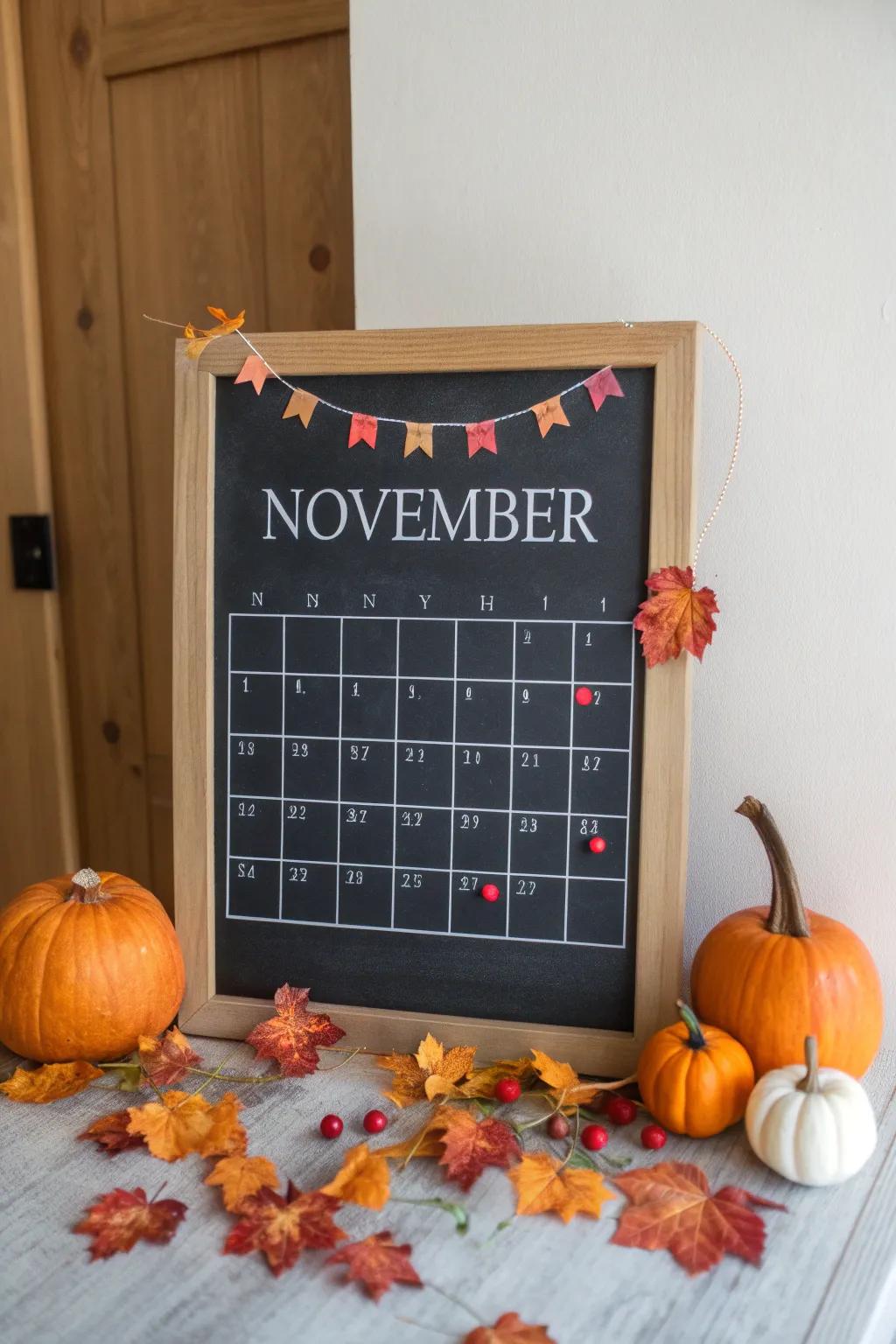 An ornamental and practical November schedule showcased on a chalkboard.