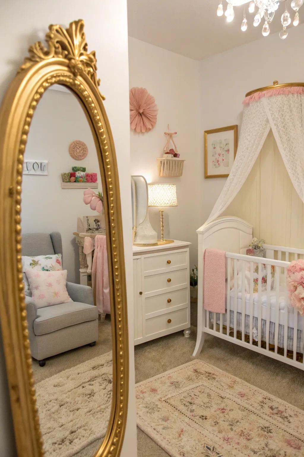 A gilded-accented reflector gives a touch of luxury to this nursery.