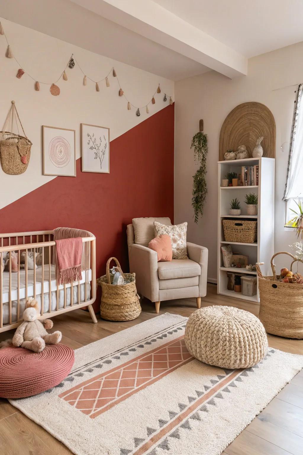A nursery displaying woodland red highlights for added warmth.