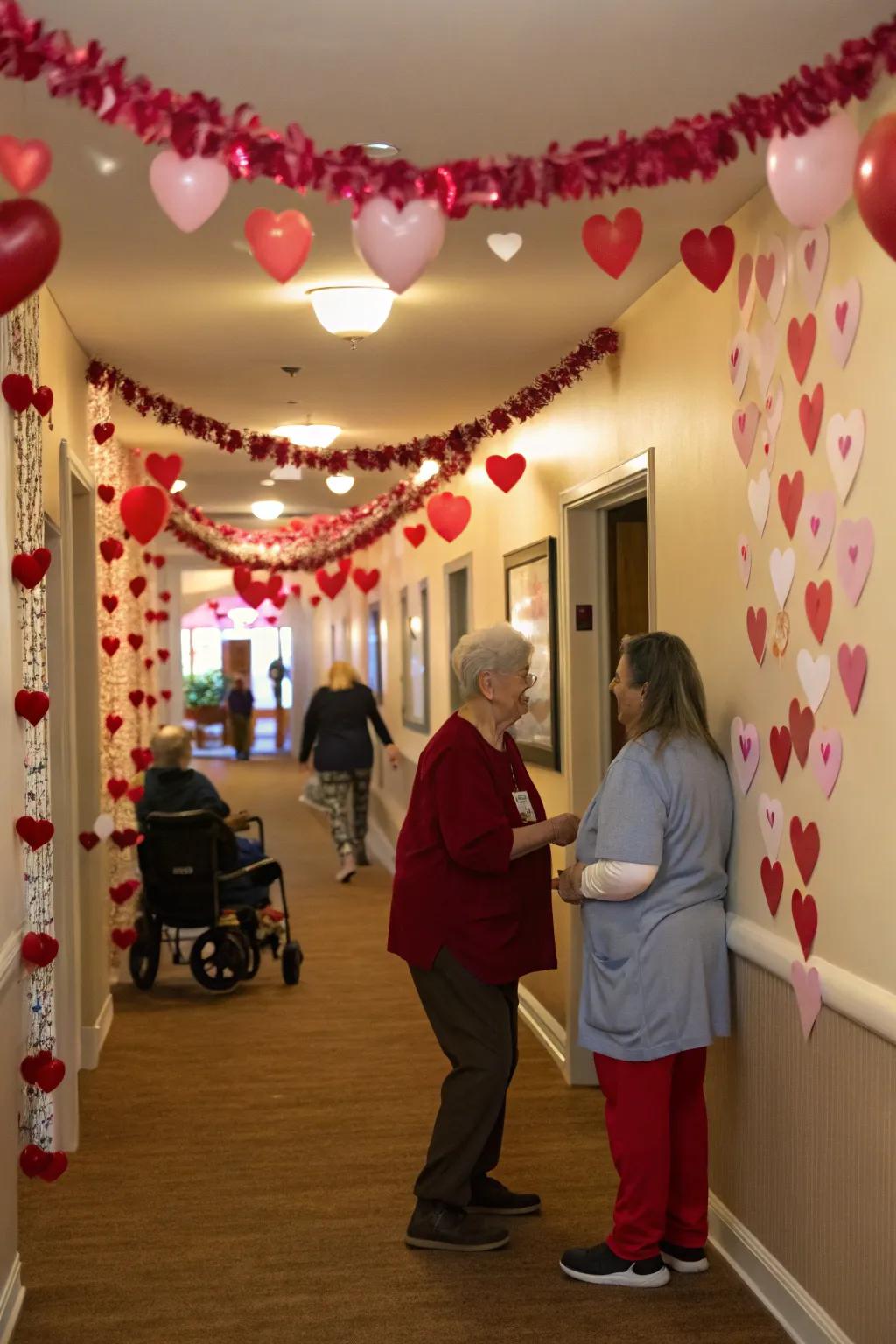 Heart-themed decorations infuse the nursing home with Valentine's spirit.