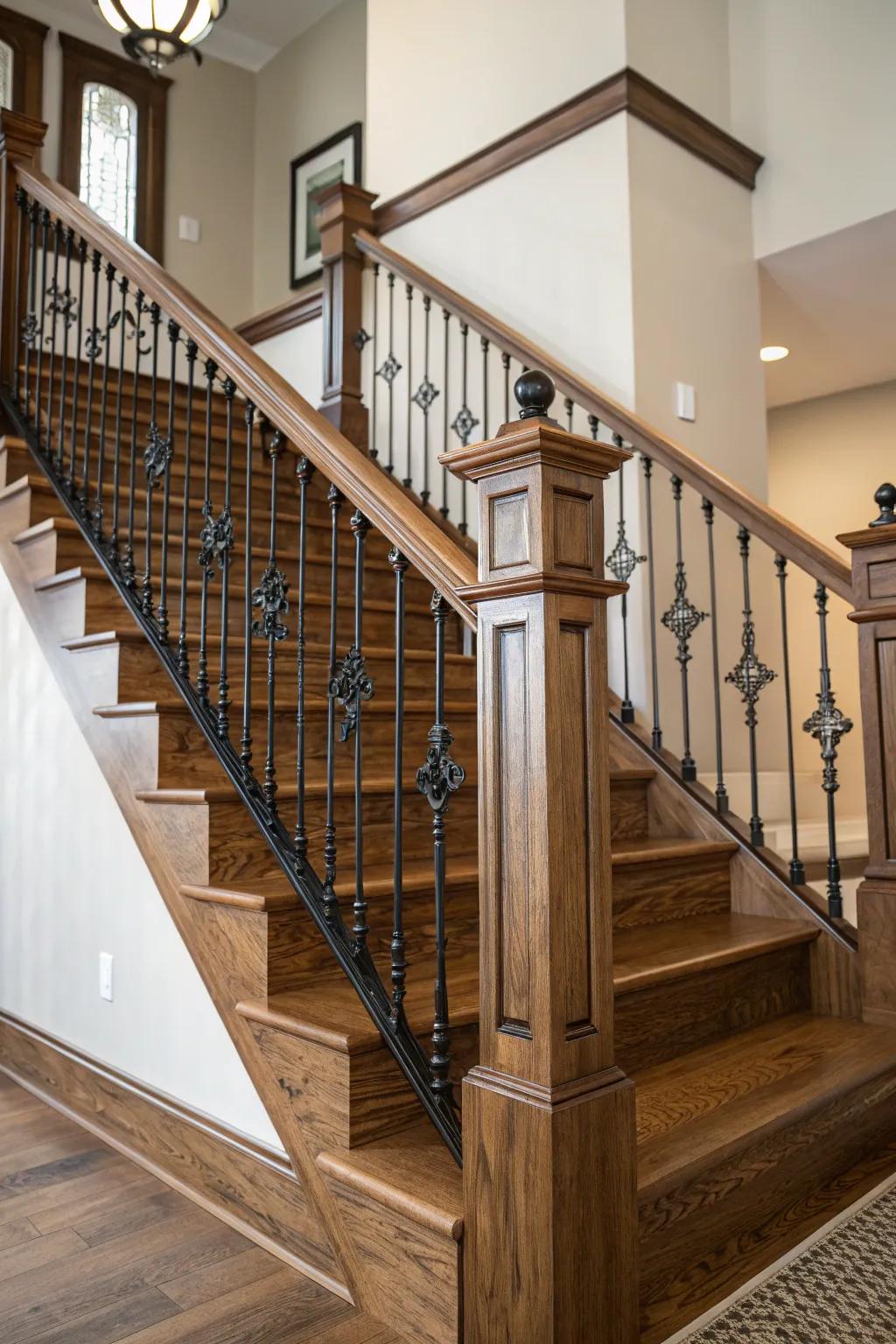 An unusual mix of metal and oak in staircase spindles.