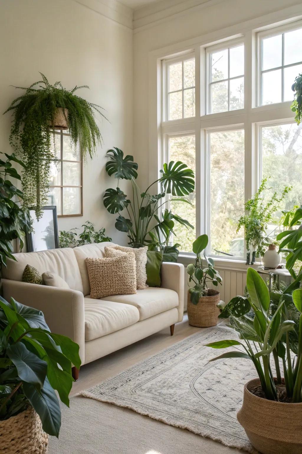 Greenery brings life and freshness to an off white living room.