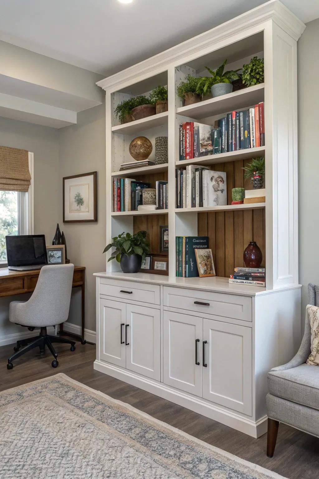 Strike a balance between display and storage through a bookcase-cabinet mix.