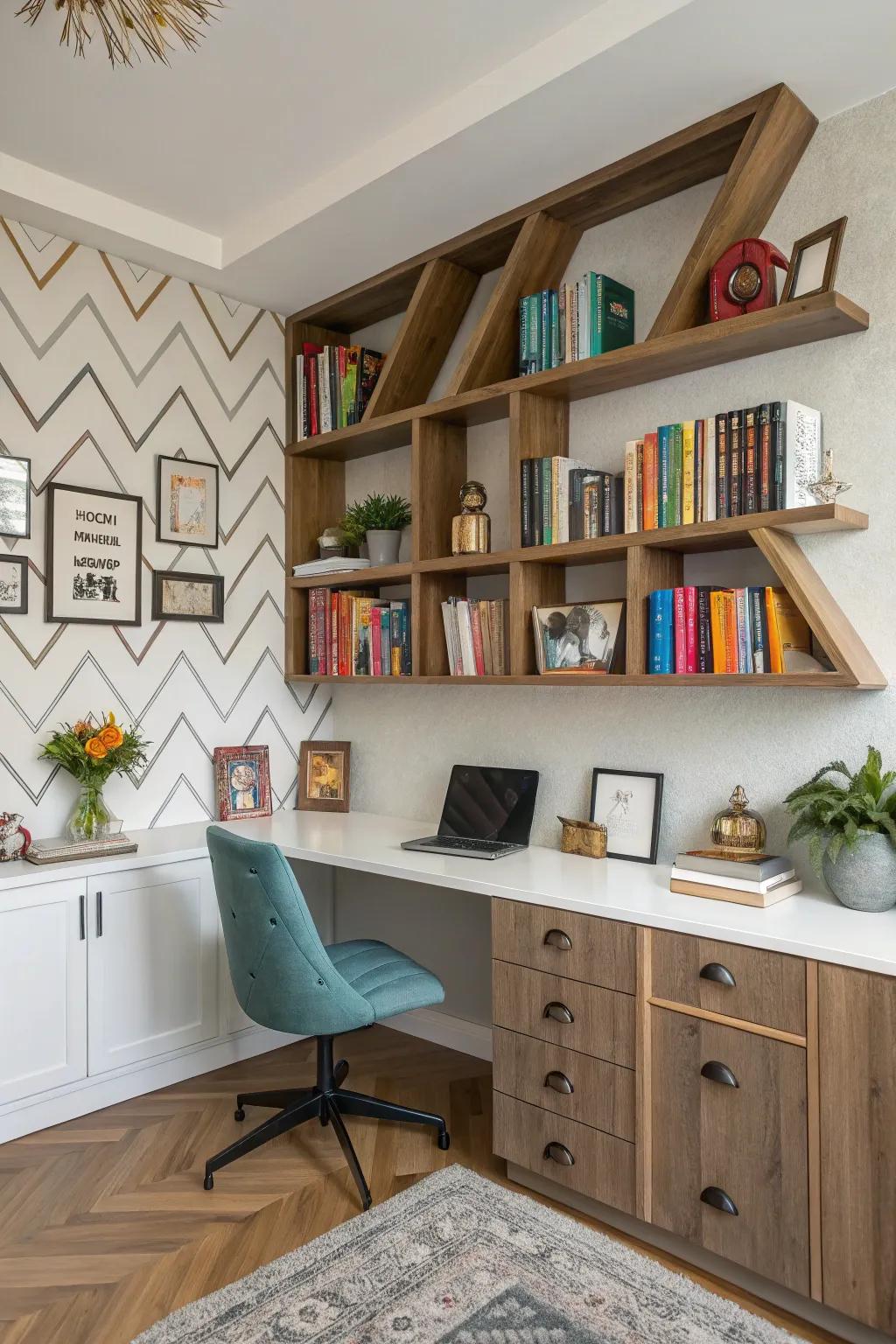 Snaking bookshelves bestow a playful and lively stroke upon your office.