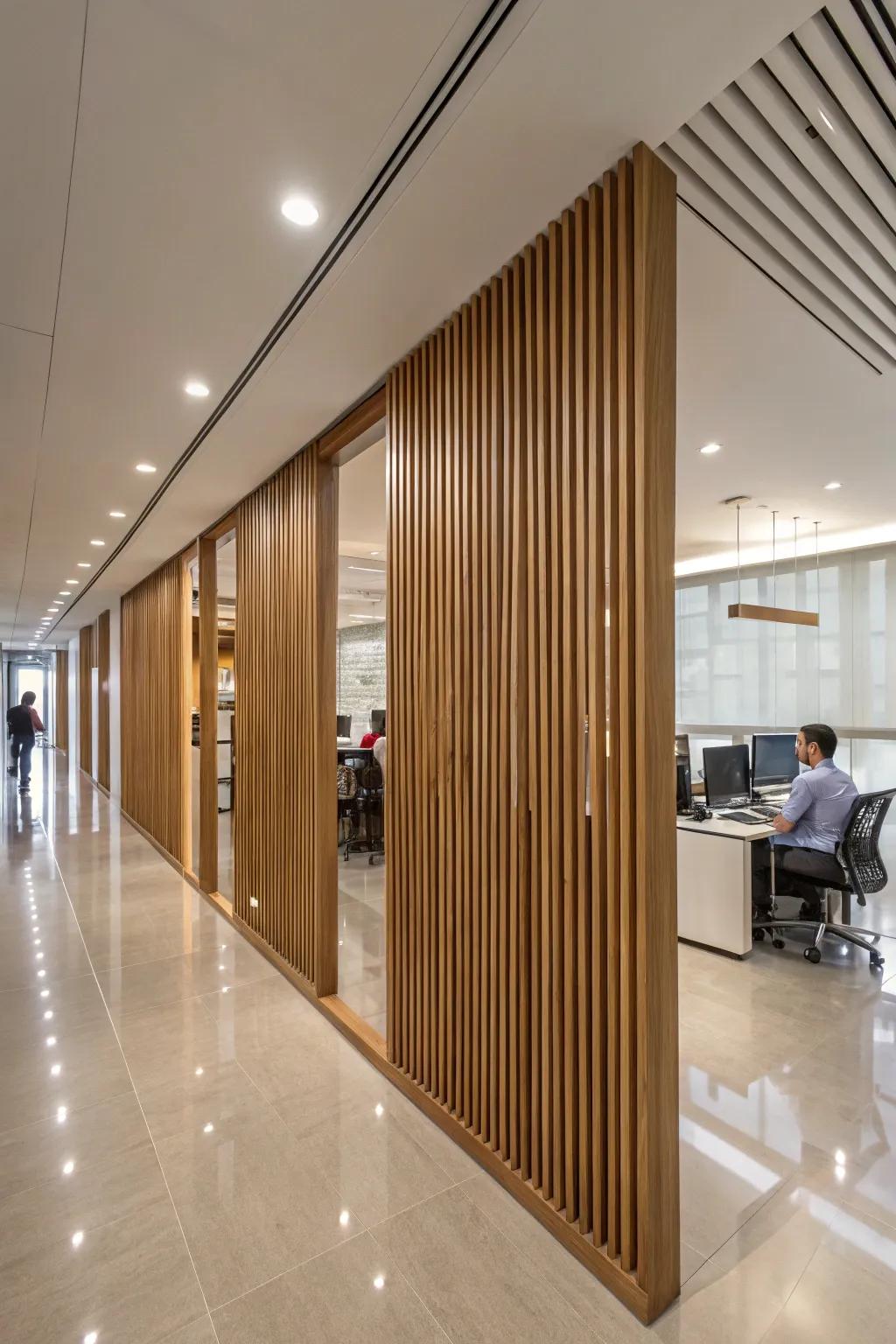 Wood strips impart a contemporary, natural accent to office partitions.