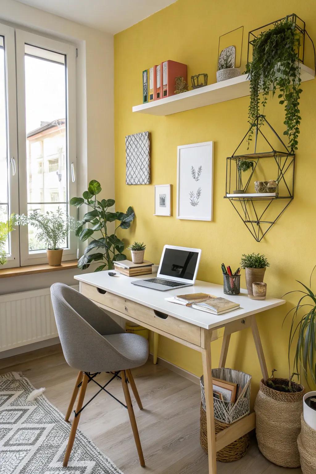 Yellow accent walls add a burst of energy to your workspace.