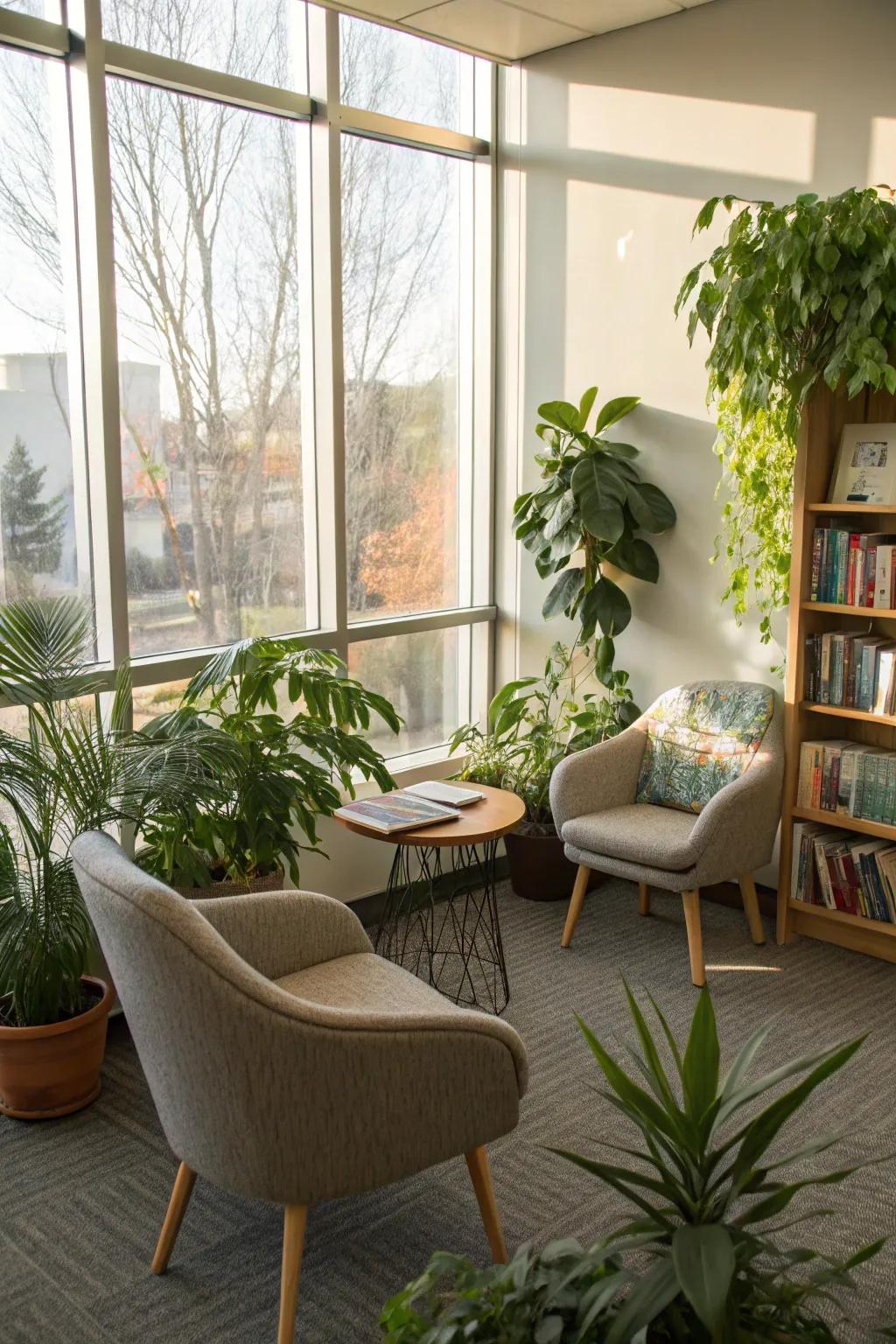 Indoor plants introduce nature and serenity to this reading space.