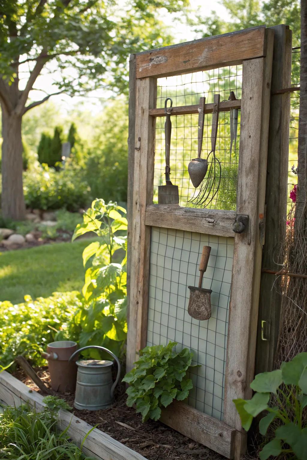 Elevate your outdoor area with country charm: repurpose a reclaimed screen door as a planting table backing.
