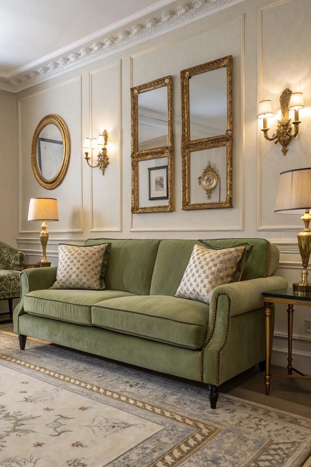 Gilt and bronze features introduce a lavish touch to the area.