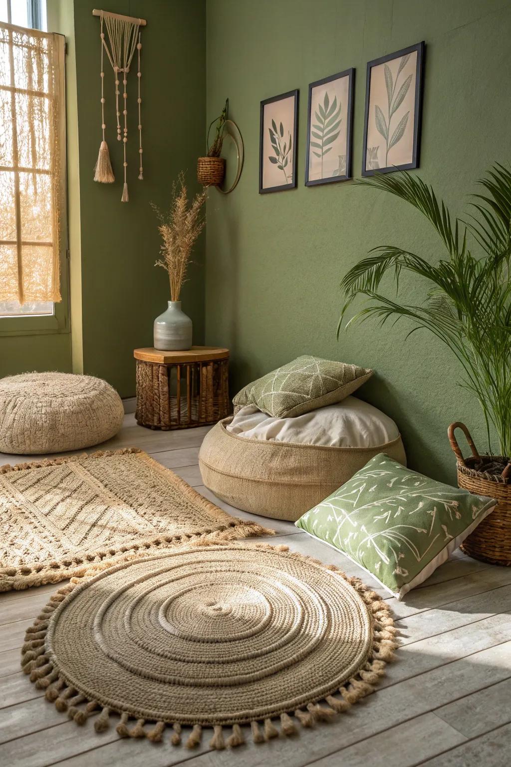 Textural components amplify the comfort of rooms featuring olive green walls.