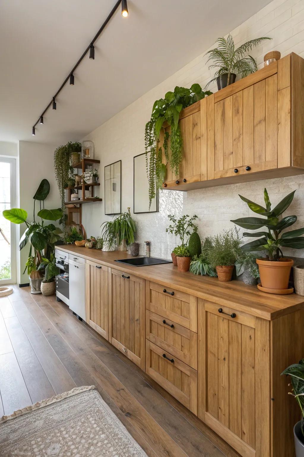 Natural accents like lumber and flora in a single-wall kitchen infuse warmth.