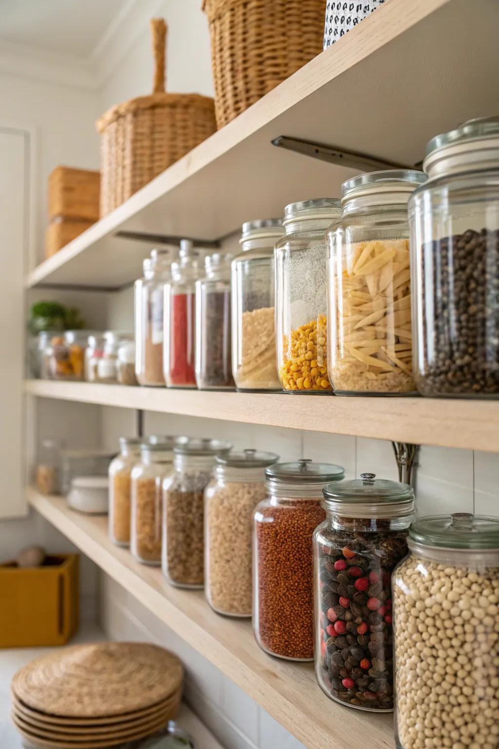 Crystal containers promote clarity and freshness for items within the pantry.