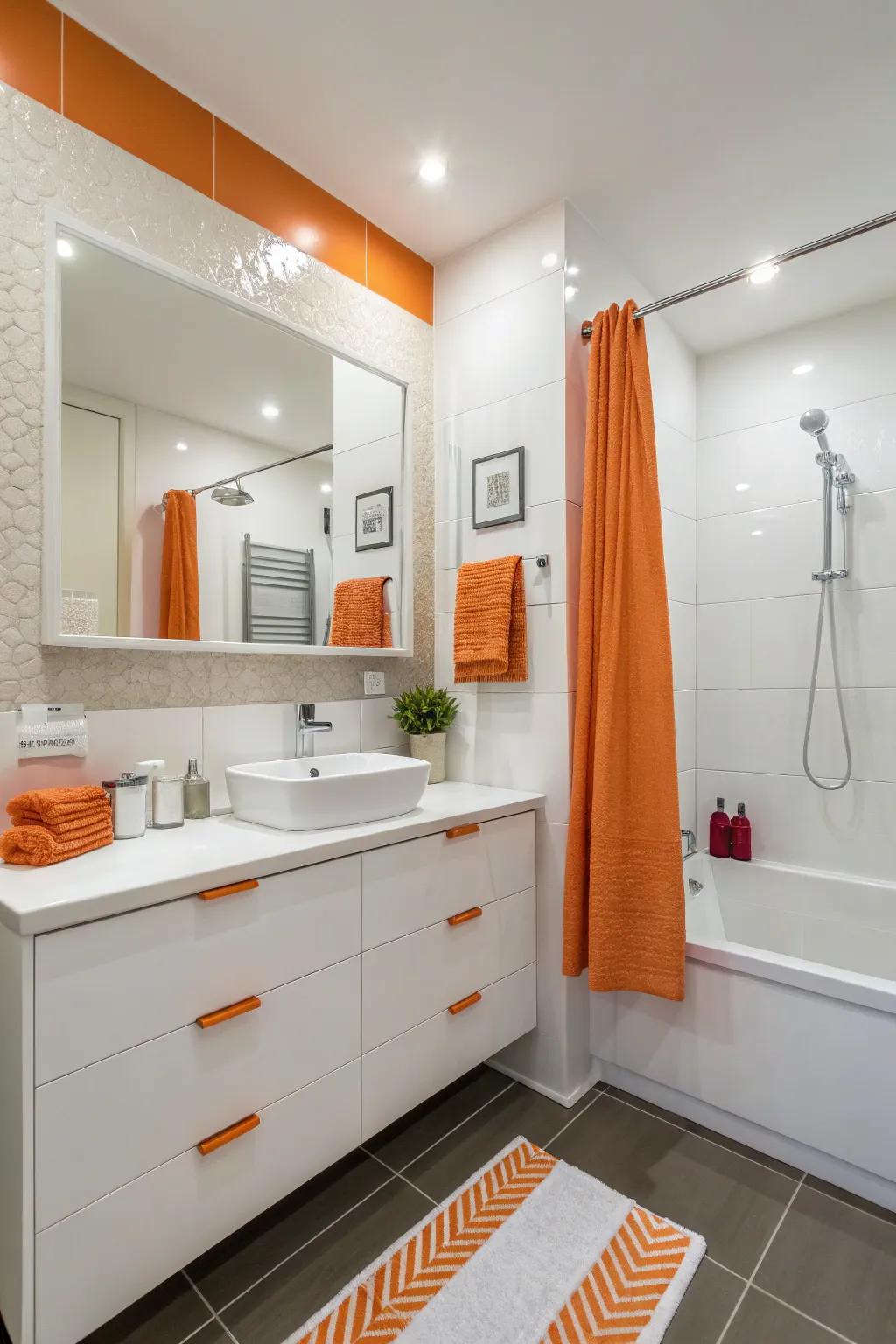 A fashionable white and orange bathroom with uncluttered lines.