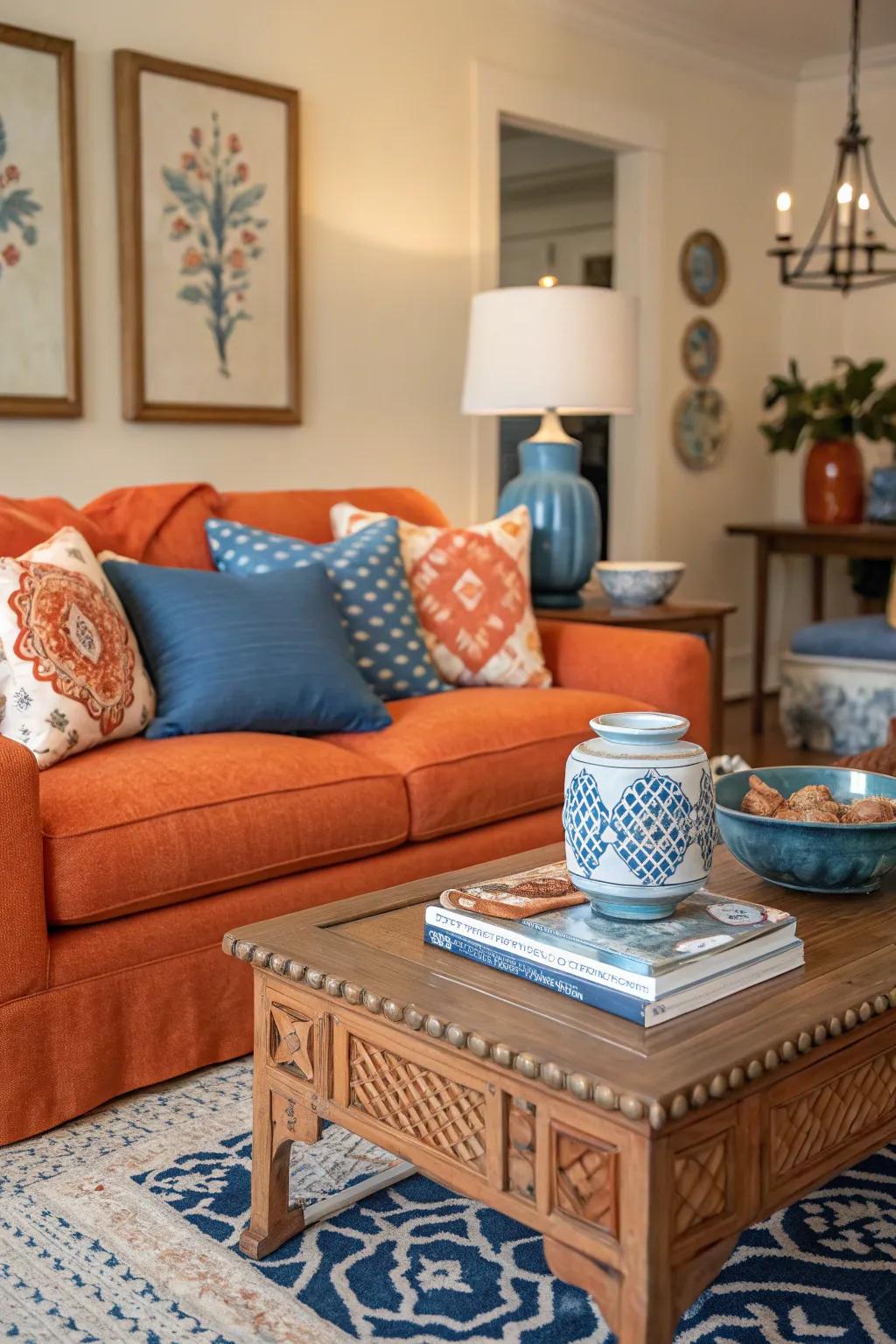 Azure and orange elements come together for a stylish and harmonious living room.