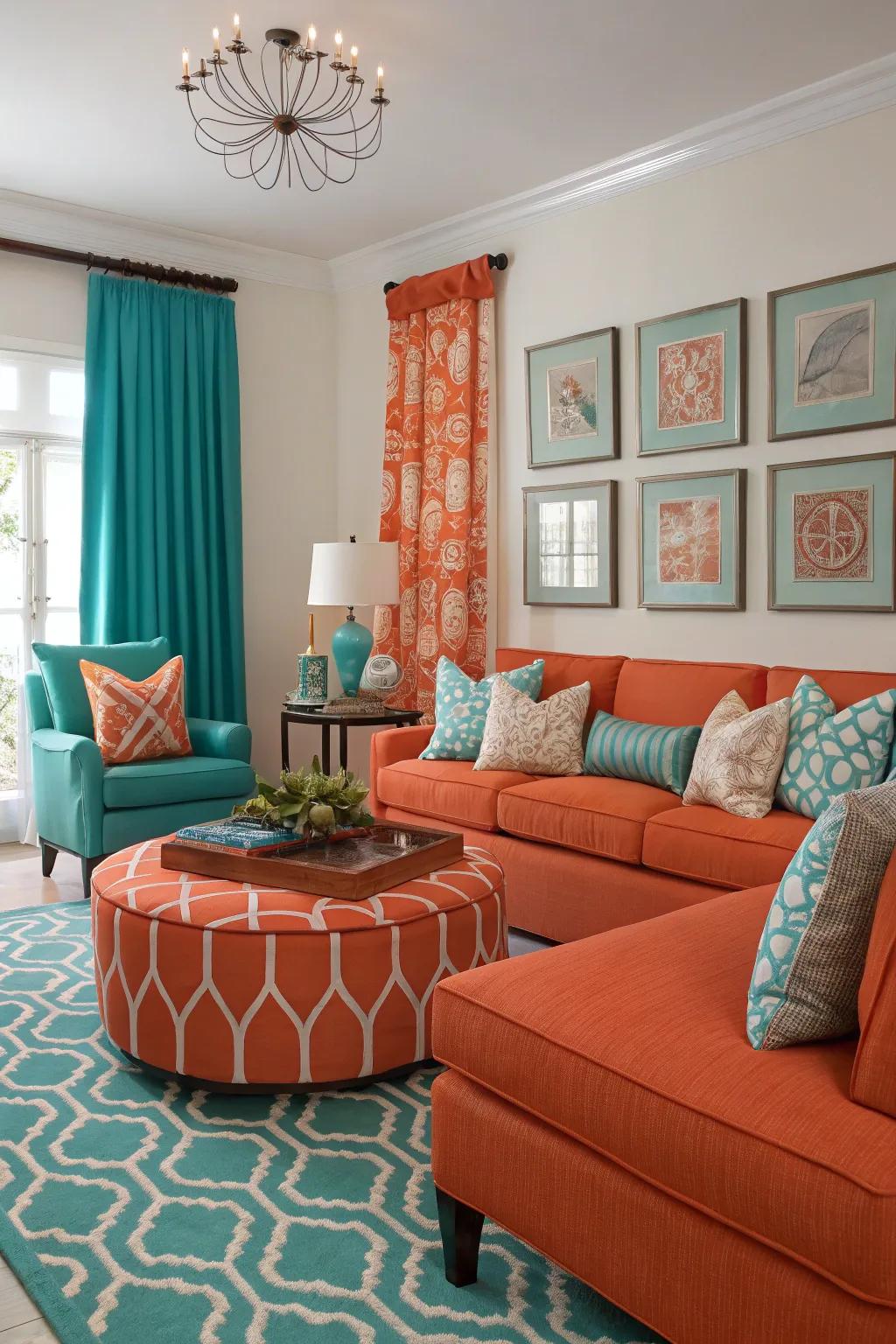 Feast your eyes on this vibrant space showcasing the lively combination of orange and teal.