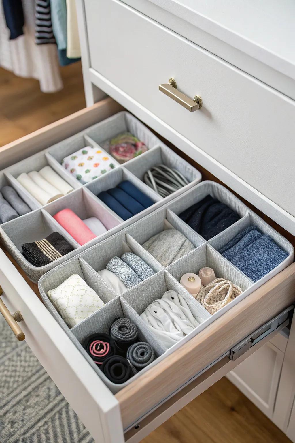 Overcome messiness with efficient drawer organizers.