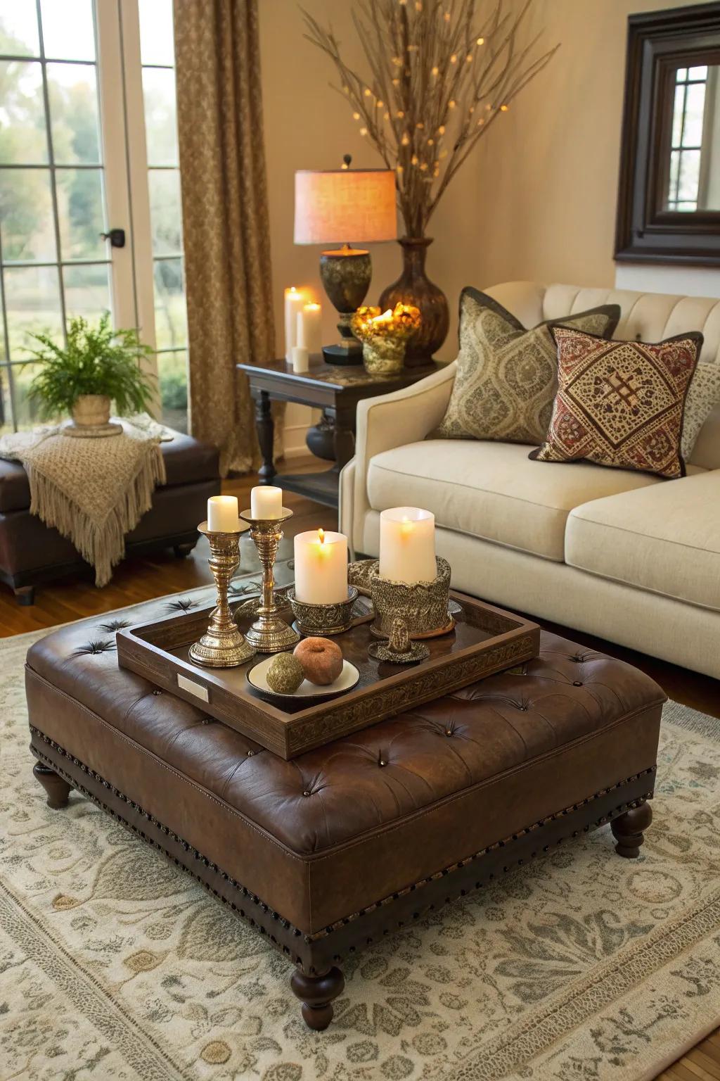 An ottoman with tasteful decorative accents.