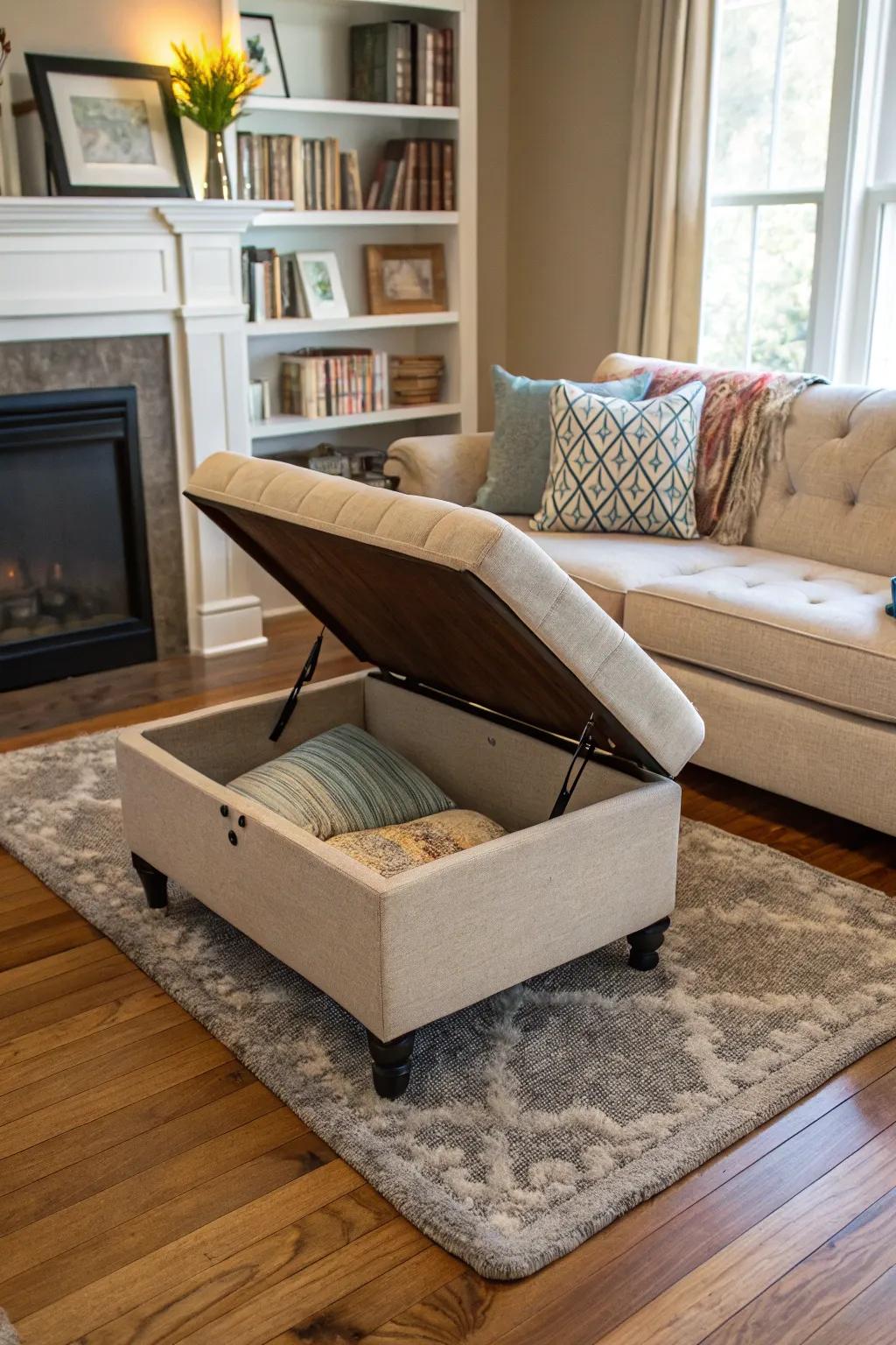 A fashionable ottoman with concealed storage space