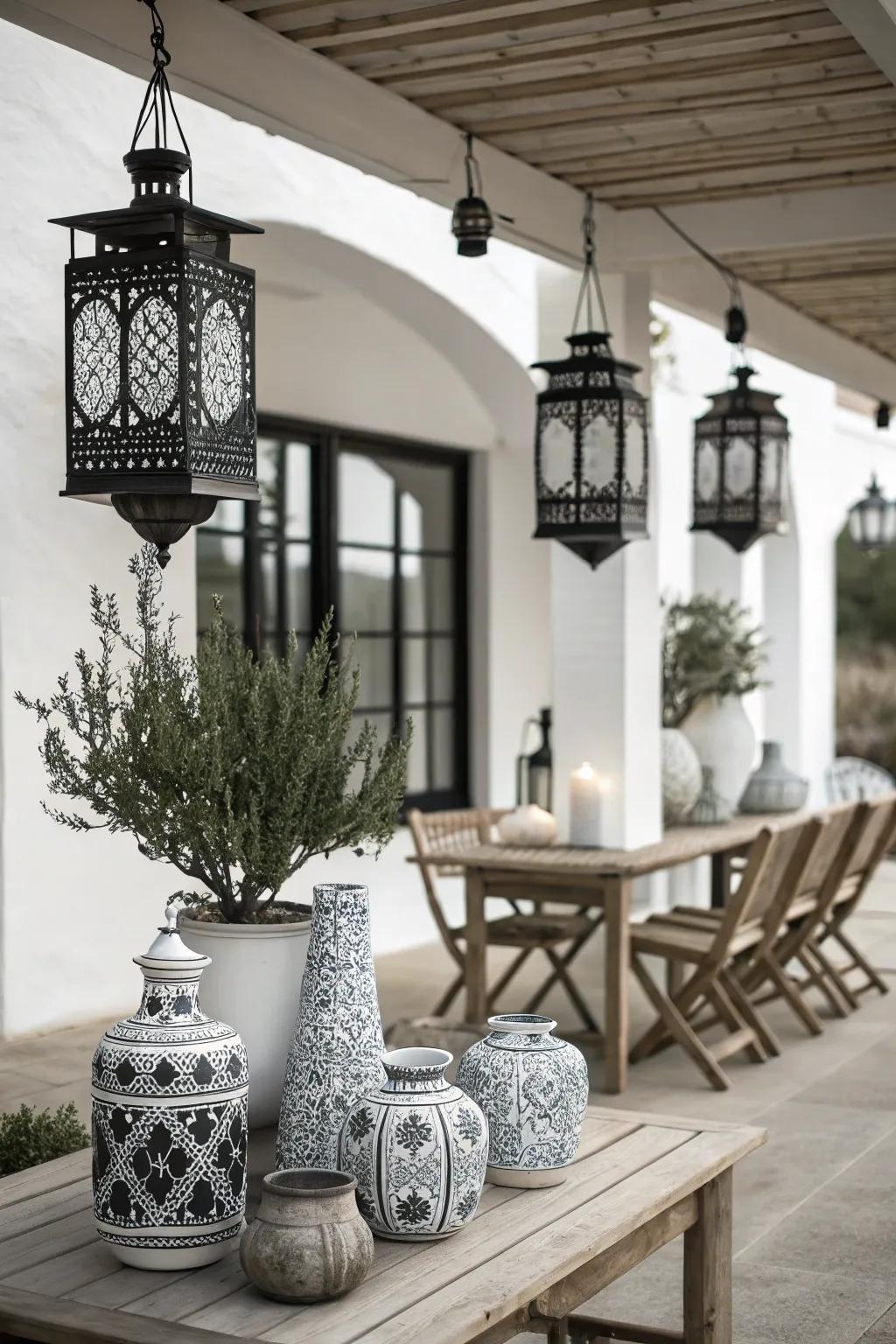 Charming accessories such as lanterns and vases enhance this chic patio setting.