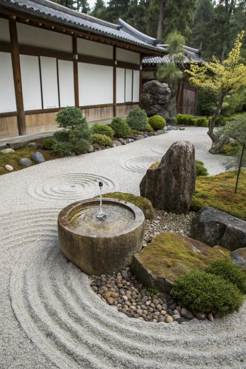 A Zen fountain forming a peaceful garden sanctuary.