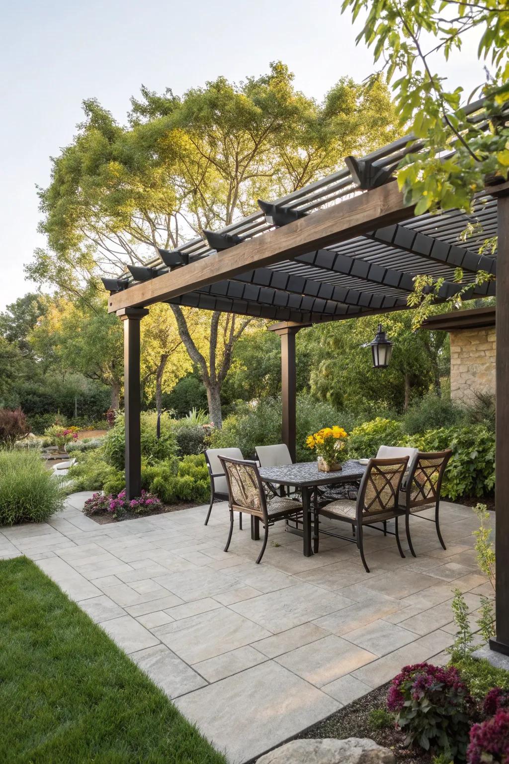 Covered structures offer shade and definition to outdoor spaces.