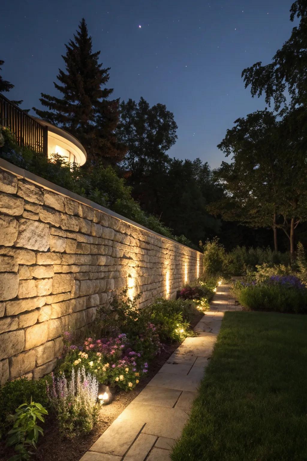 Illumination enriches the beauty and safety of stone walls after sunset.