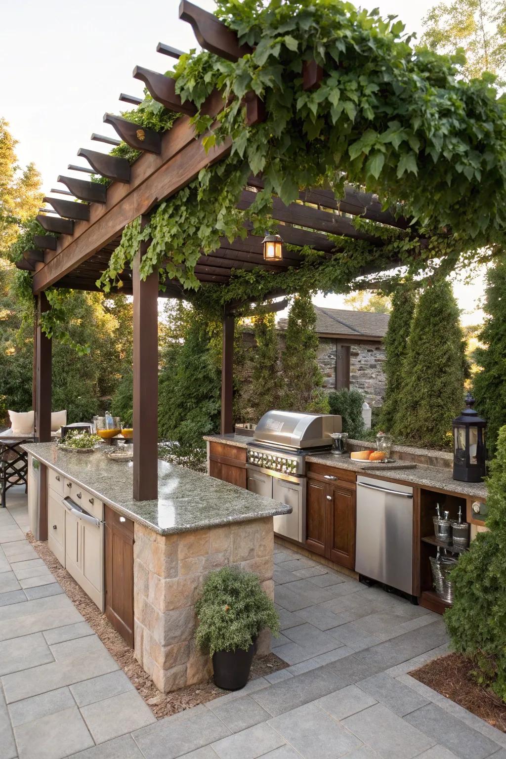 A cooking station comfortably shaded by a stylish frame, surrounded by greenery.