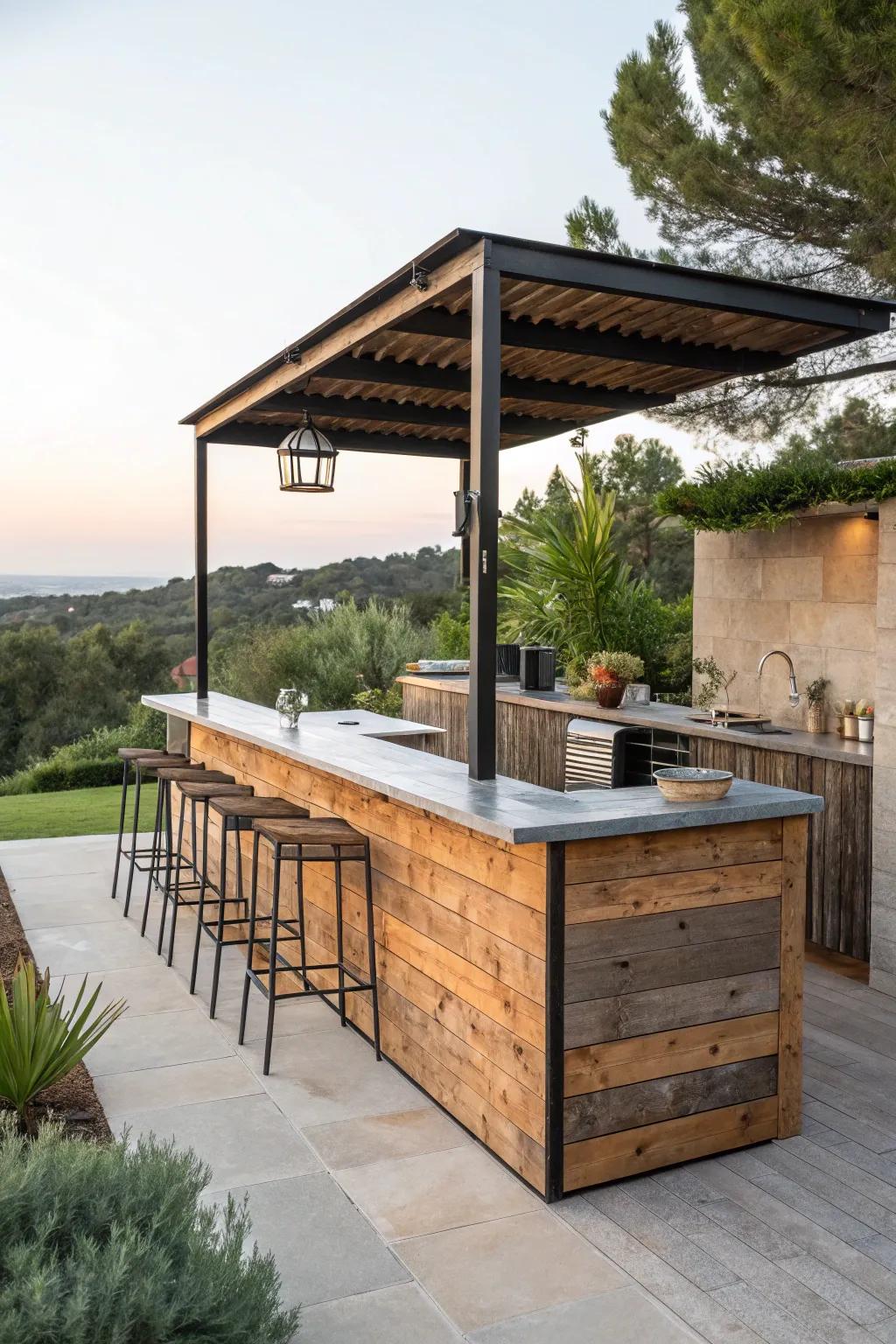 An eco-friendly outdoor kitchen bar crafted from sustainable materials.