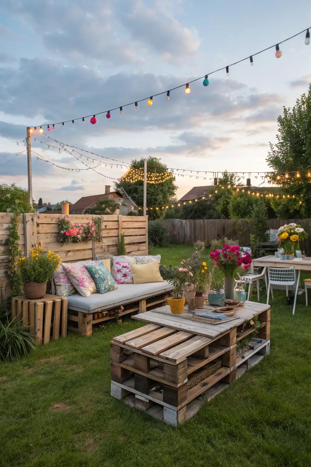 Repurposed furnishings introduce character and sustainability.