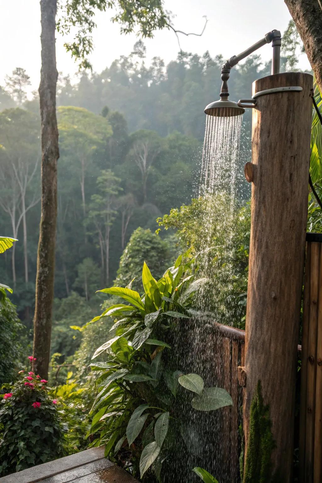 An outdoor shower enveloped by vibrant greenery.