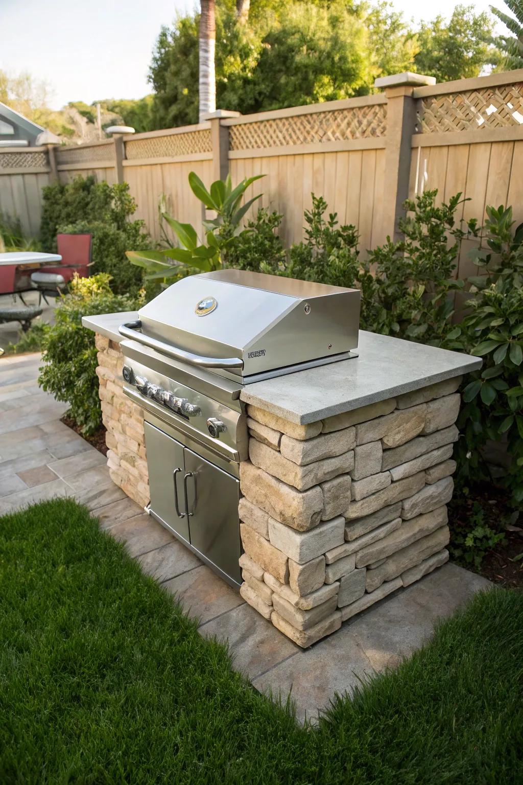 A constructed stone BBQ flame broiler provides a distinct blend of countryside and current design.