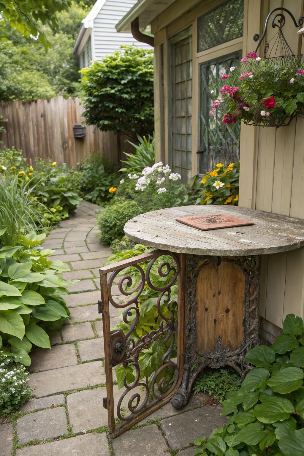 A repurposed garden entrance table surface brings history and charm to any setting.