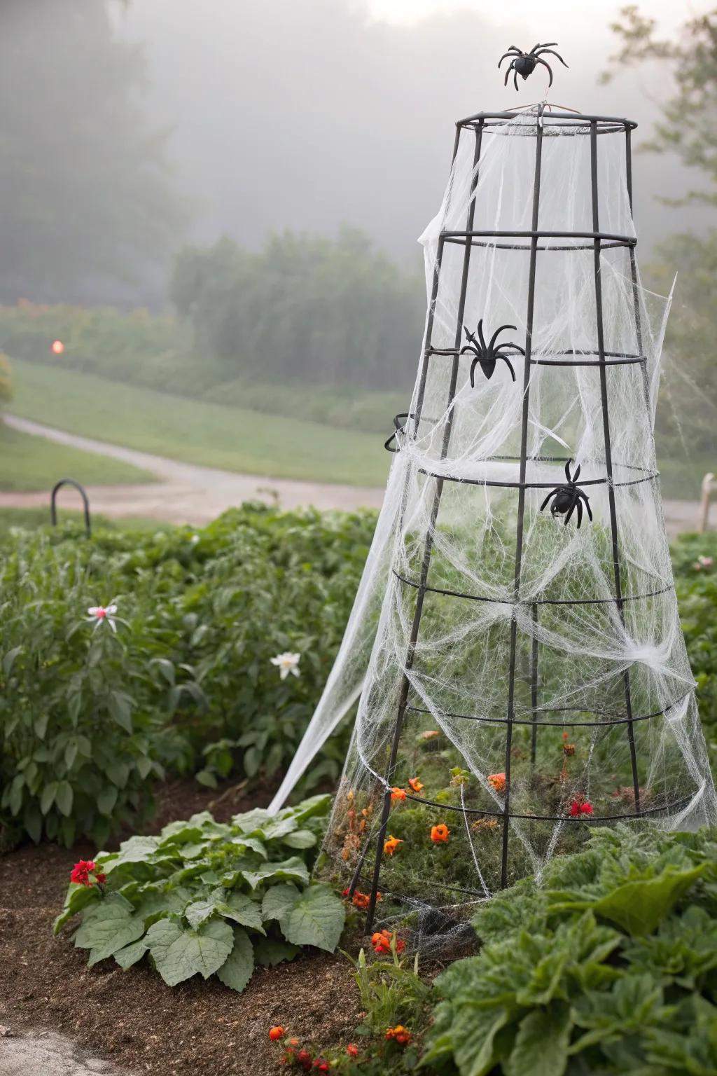 Enter the arachnid's abode with this webbed plant support embellishment.