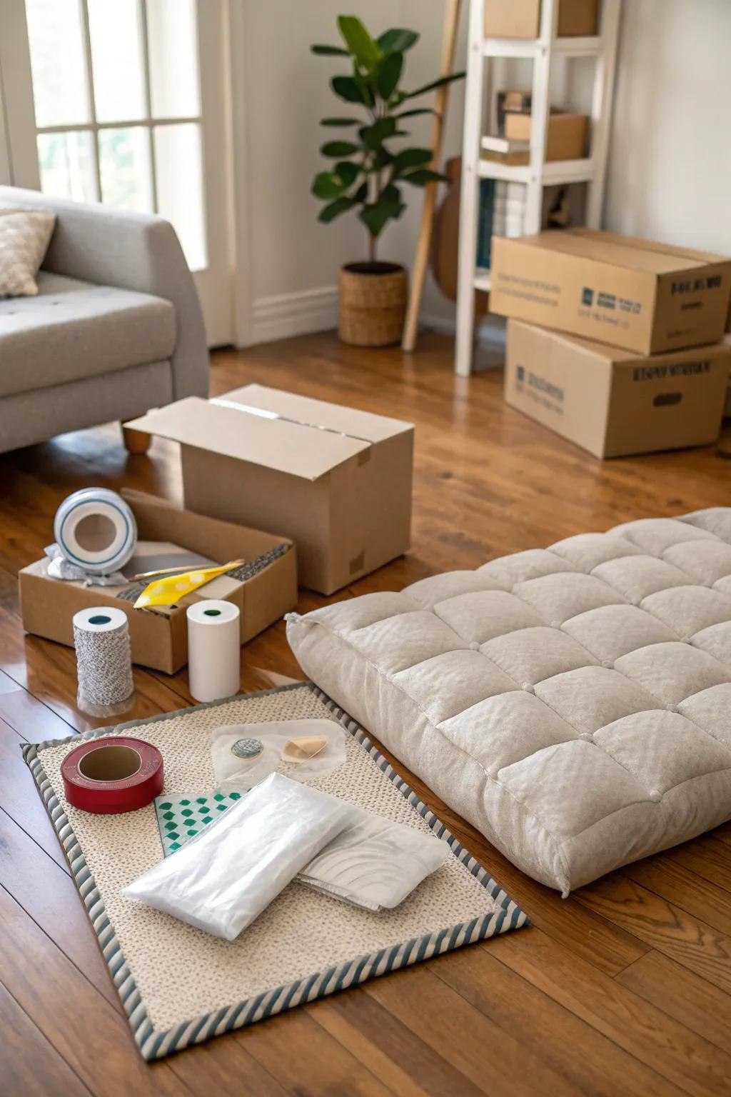 A cushioned mat ensures comfort during long packing sessions.