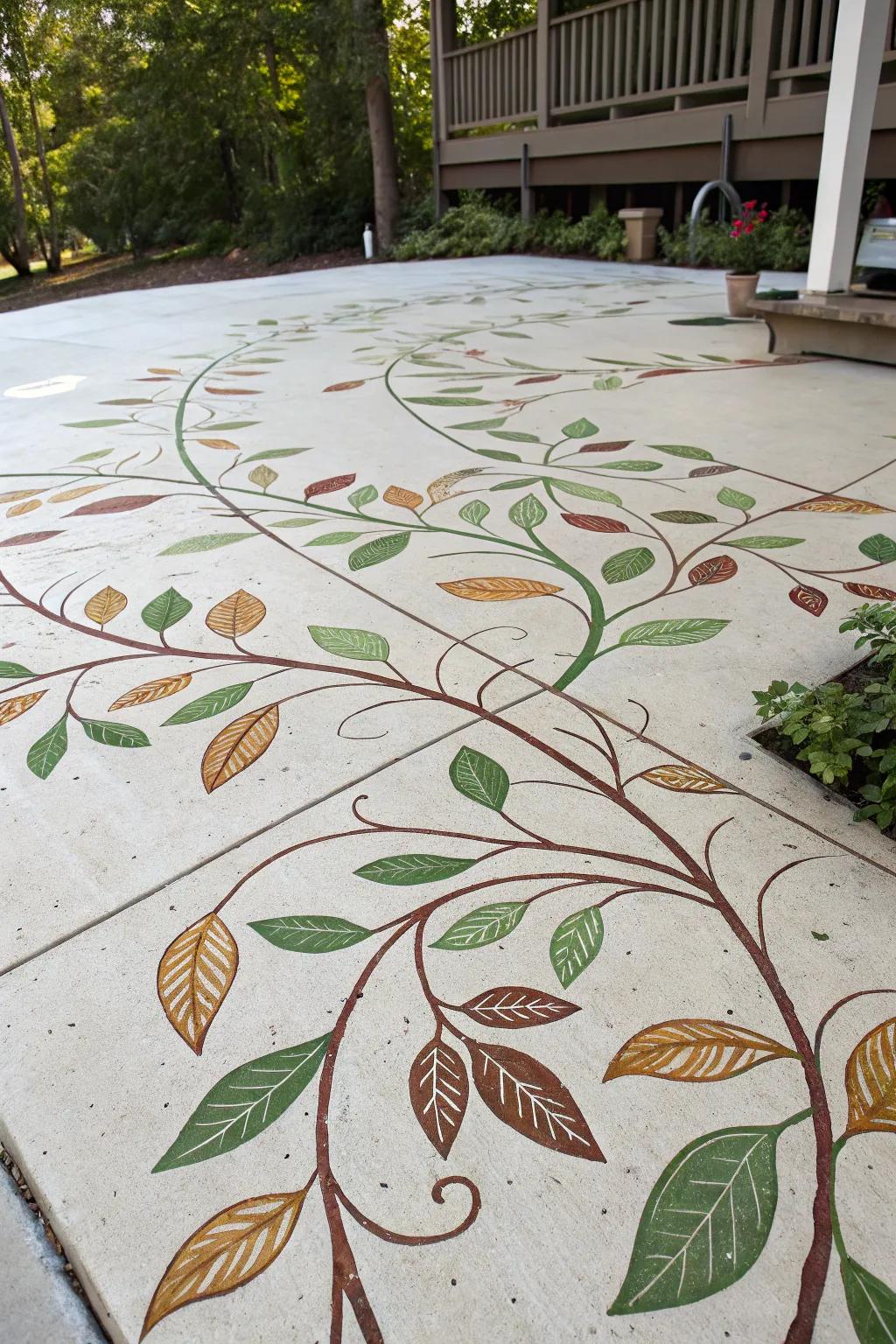This patio's leaf patterns harmonize with the surrounding vegetation.