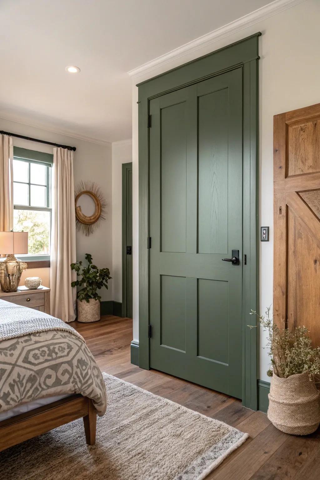 Dark sage doors create a tranquil and nature-inspired atmosphere.