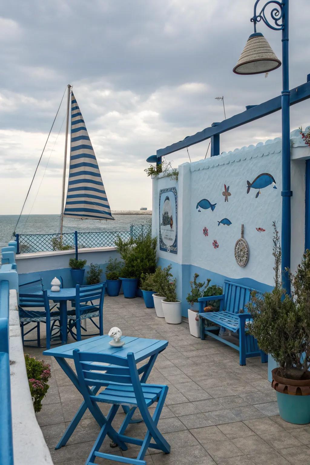 Ocean blues create a calming and expansive outdoor space.